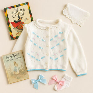 Vintage 1950s Baby Girl Cardigan Sweater | White Knit w/ Rosettes | Size 2T